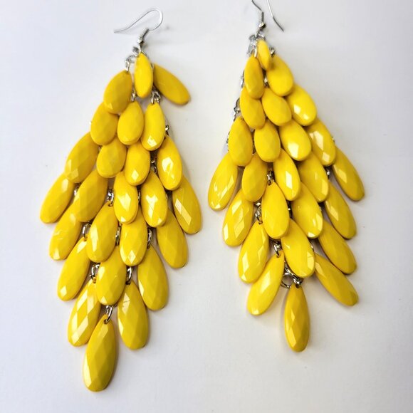 Yellow Glass Bead Long Earrings Chandelier Teardrop Diamond Shape Drop Earrings - Picture 2 of 7
